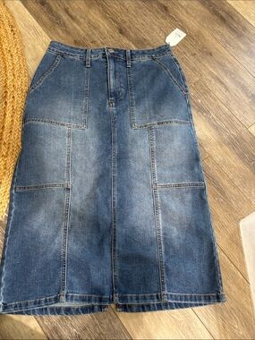 Time and Tru Blue Denim Midi Skirt